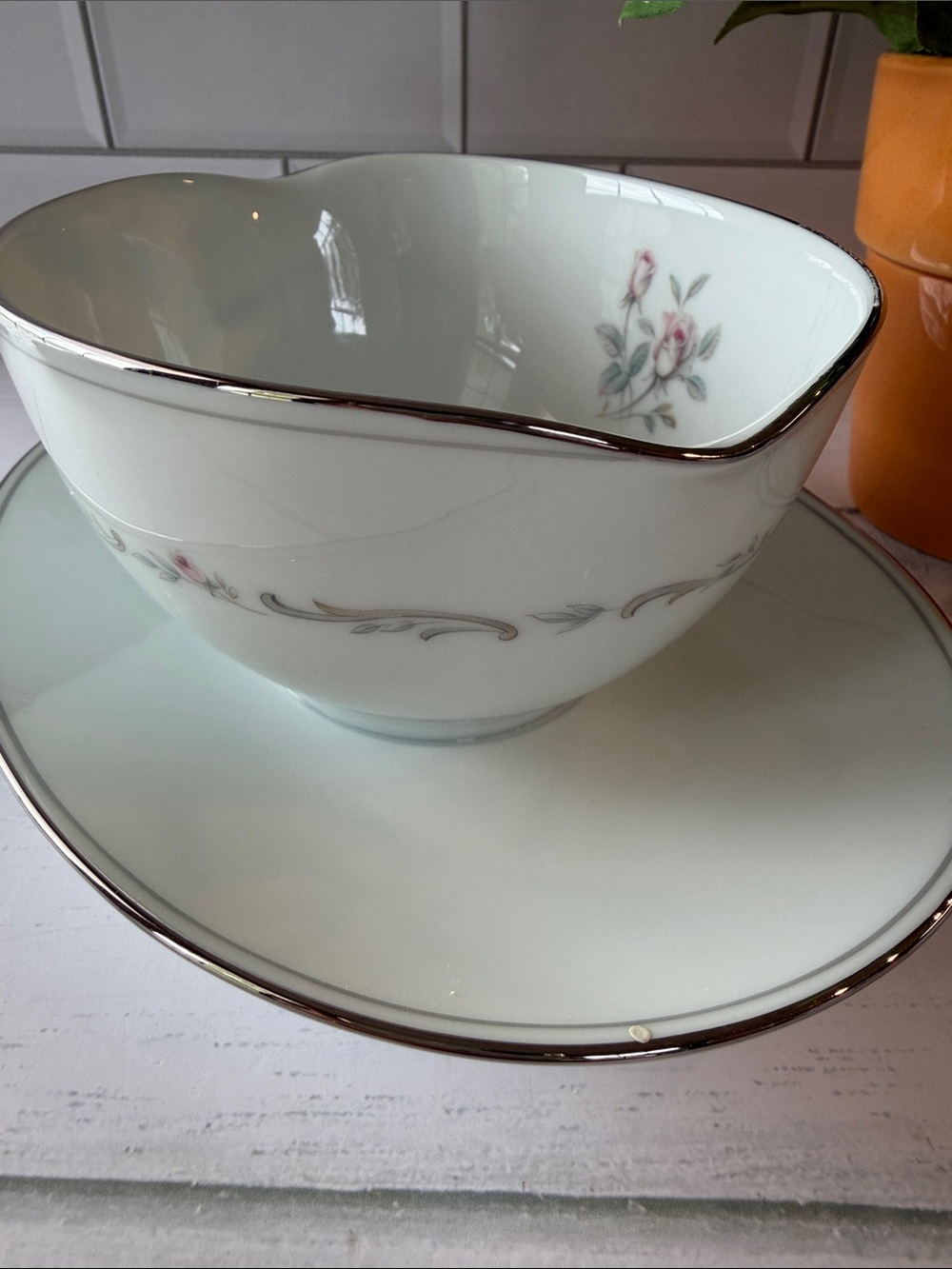 Elegant White Porcelain Gravy Bowl with Silver Trim and Pink Rose Motif